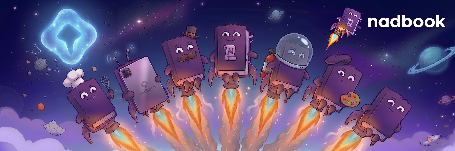 Nadbook characters launching into space under the Nadbook logo